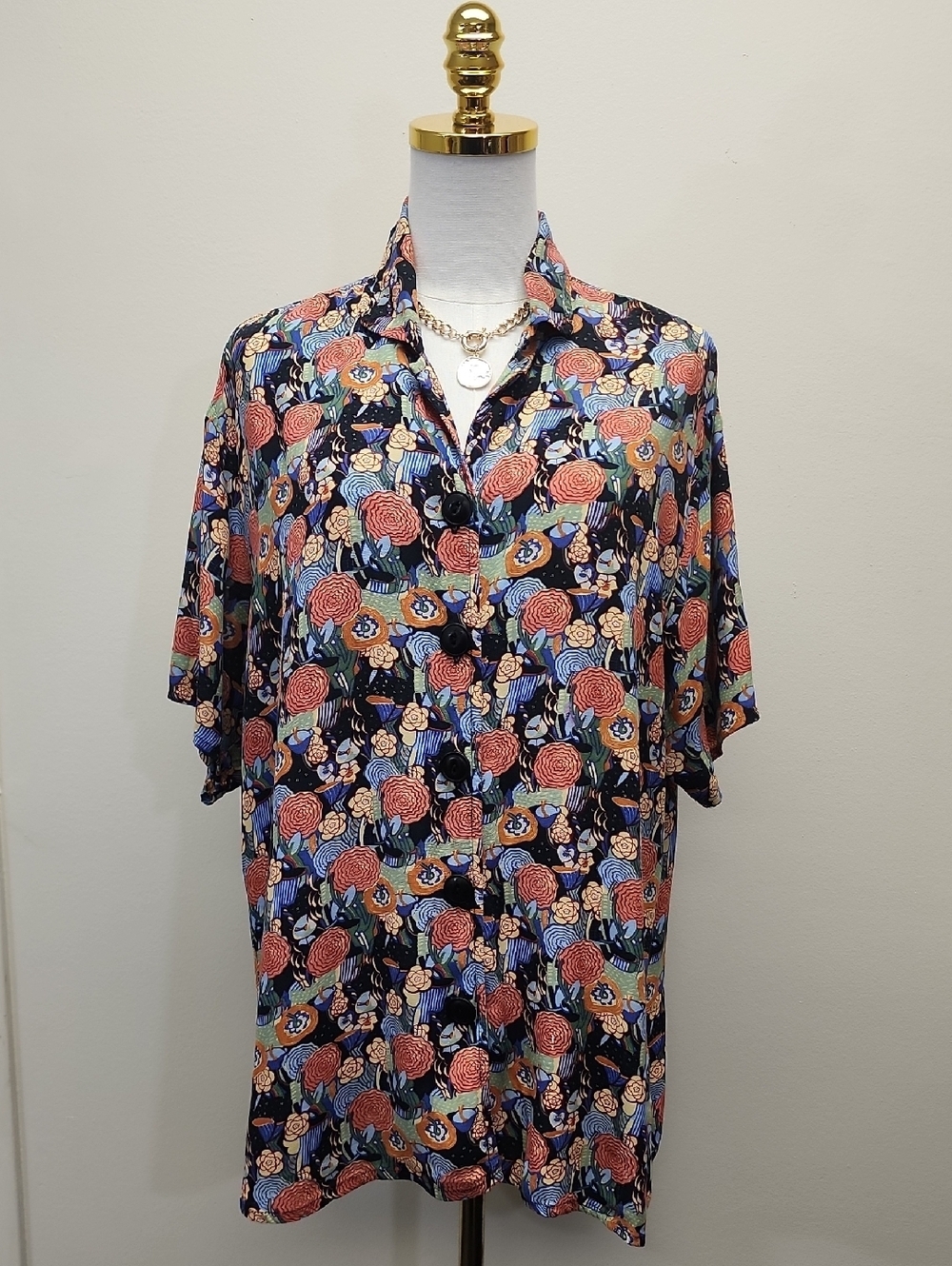 Flax Floral Rayon Button Front Shirt Lagenlook Artsy Relaxed Fit Size Large